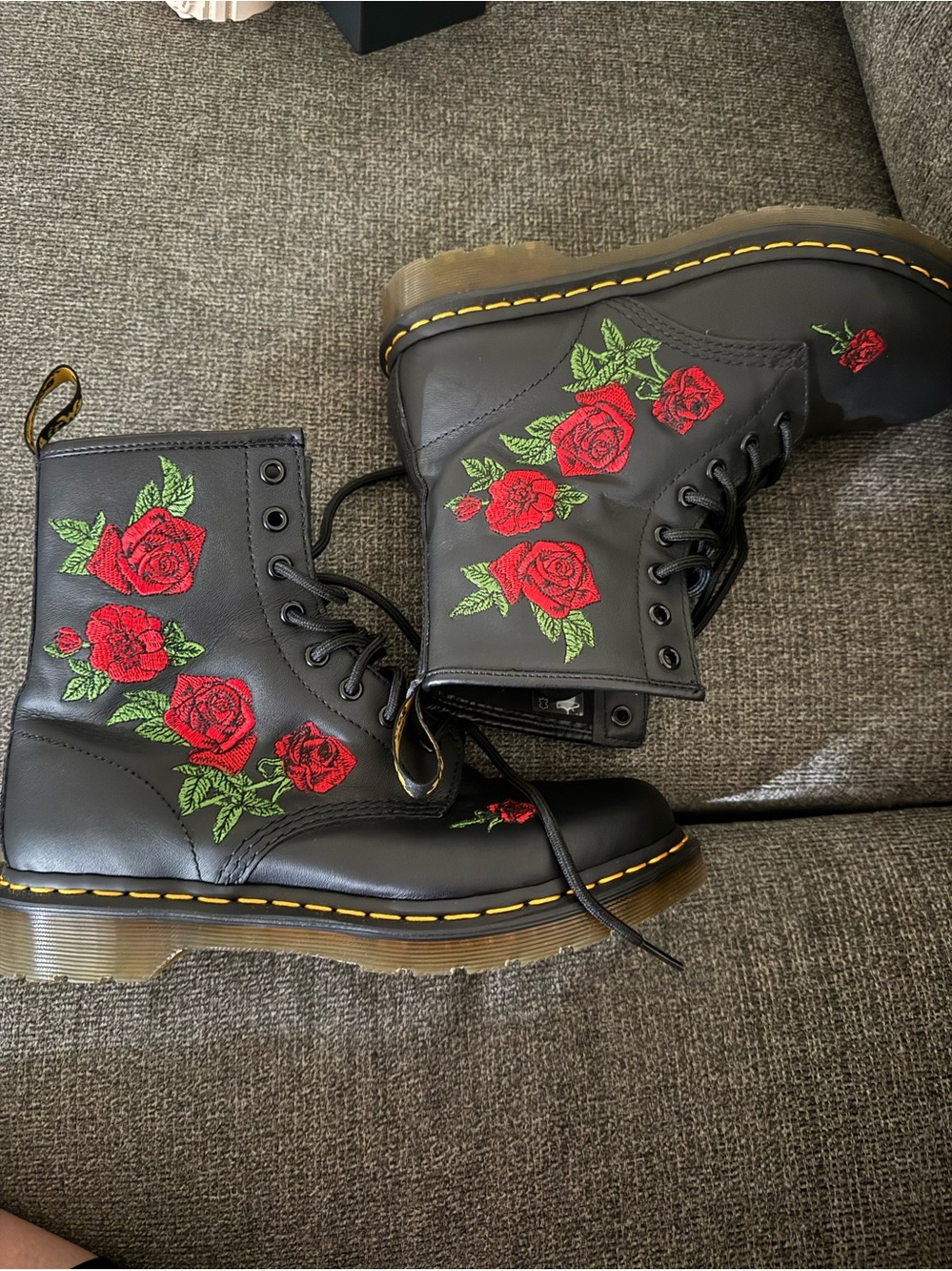 Dr. Martens Black Leather Lace-Up Boots with Red Rose Embroidery